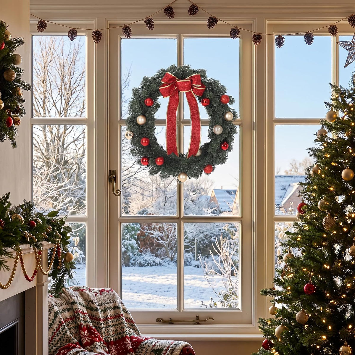 Aptliton Corona de Navidad preiluminada de 24 pulgadas, 60 luces LE...