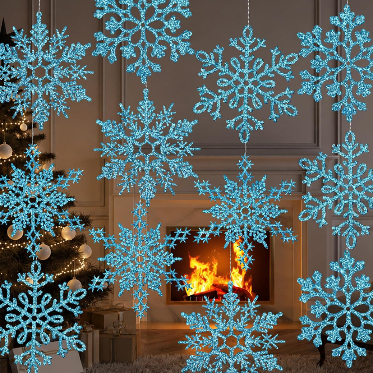 12 adornos grandes de copos de nieve azules de 12 pulgadas, copos d...