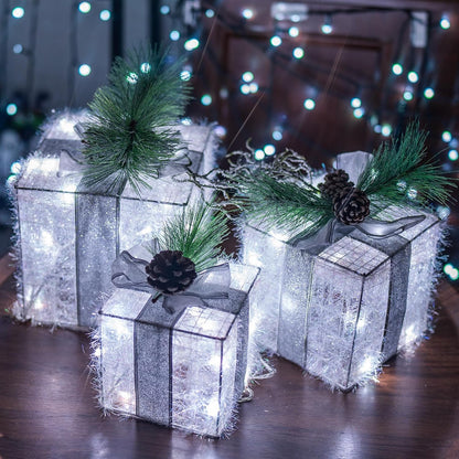 Hourleey - Juego de 3 cajas de regalo iluminadas de Navidad, 60 luc...