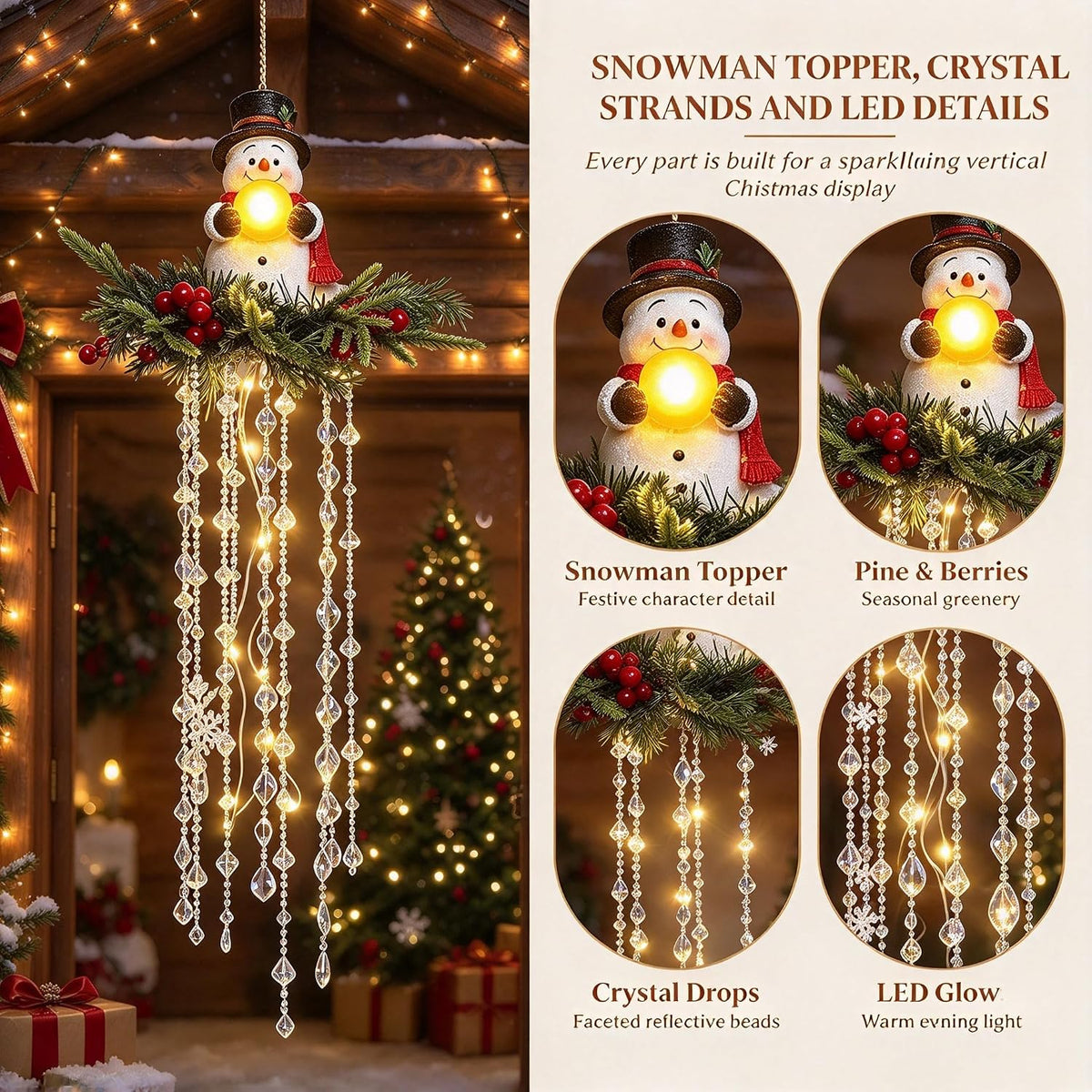 Luz de Navidad en cascada de cristal, copo de nieve colgante y deco...