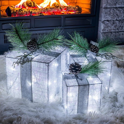 Hourleey - Juego de 3 cajas de regalo iluminadas de Navidad, 60 luc...