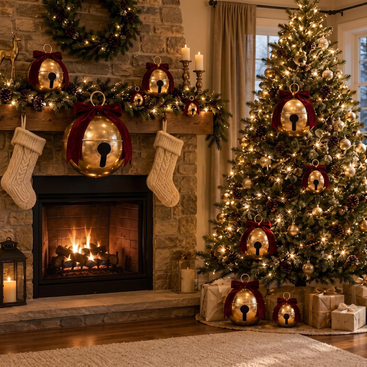 7 bolas inflables de Navidad con lazos de terciopelo, cascabeles gi...