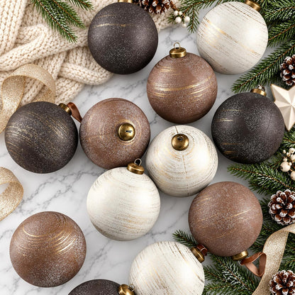 Yunlly 12 adornos de Navidad neutros, bronce gris pardo marfil, 4 p...