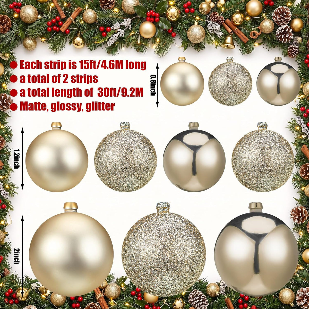 Yuxung 2 guirnaldas de adornos de bola de Navidad de 15 pies, oro c...