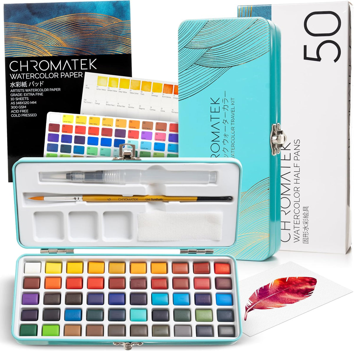CHROMATEK Juego de pintura de acuarela, 50 colores vivos, almohadil...