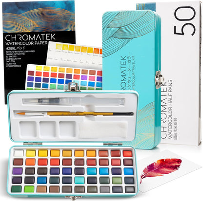 CHROMATEK Juego de pintura de acuarela, 50 colores vivos, almohadil...