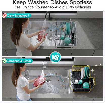 JASIWAY Escurridor de platos negro en fregadero con escurridor y so...
