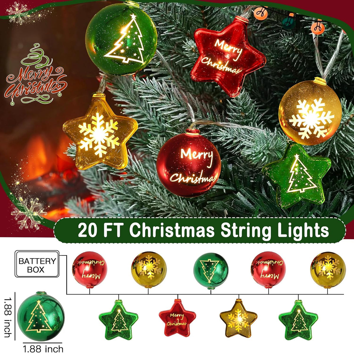 Guirnalda de luces navideñas con 30 luces LED de bola y estrella de...