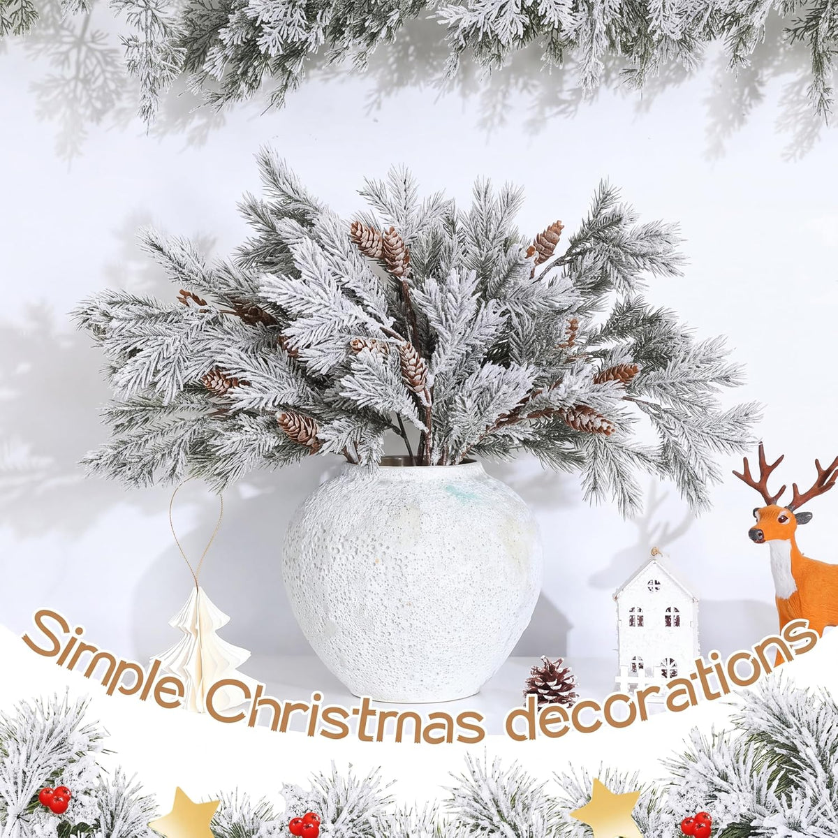 Wavwavw 6 ramas de pino de cedro artificial de Navidad flocadas, 25...
