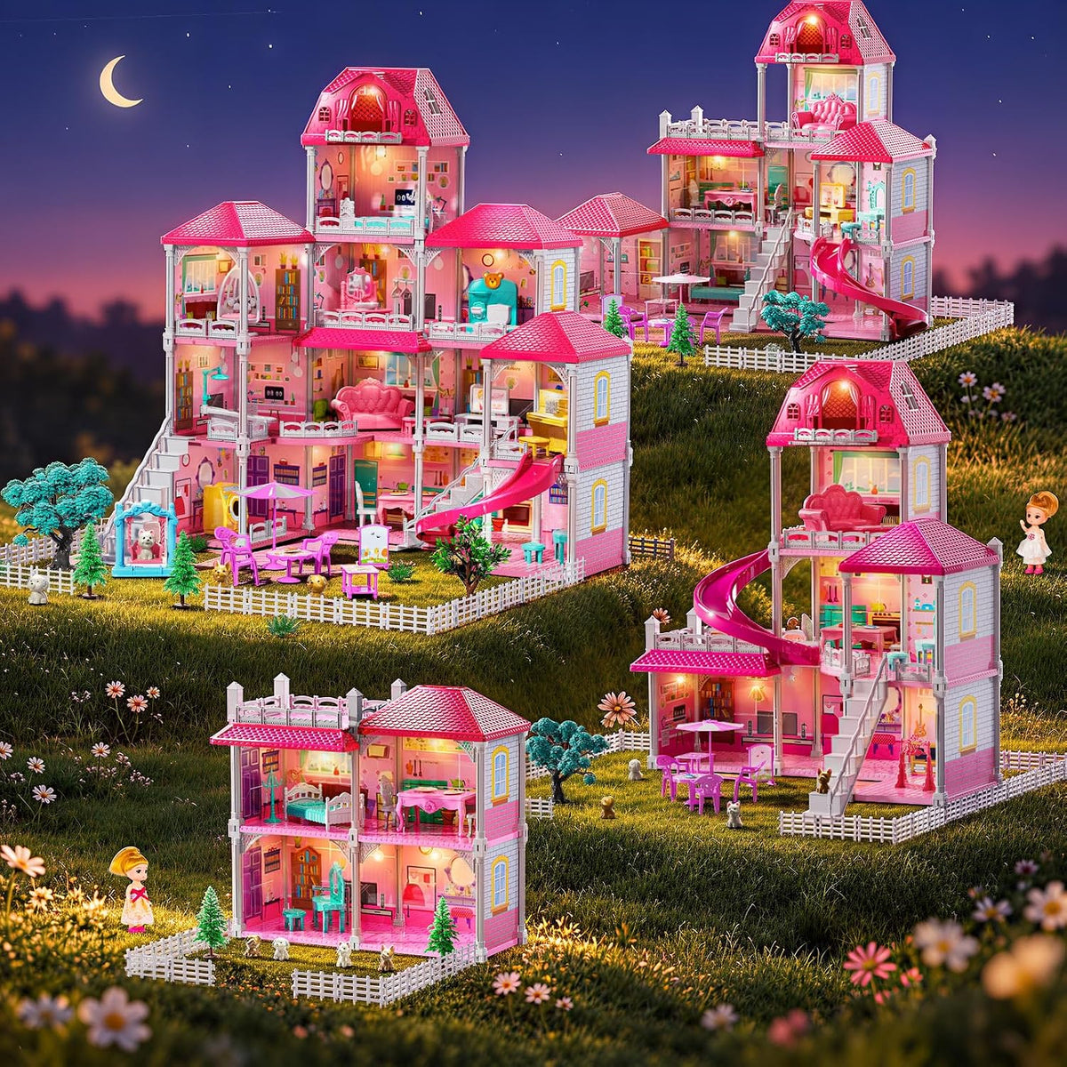 Casa rosa de 4 pisos para niñas de 3 años en adelante, juego de vil...