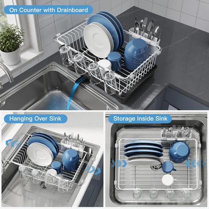 JASIWAY Escurridor de platos blanco en fregadero con escurridor y s...