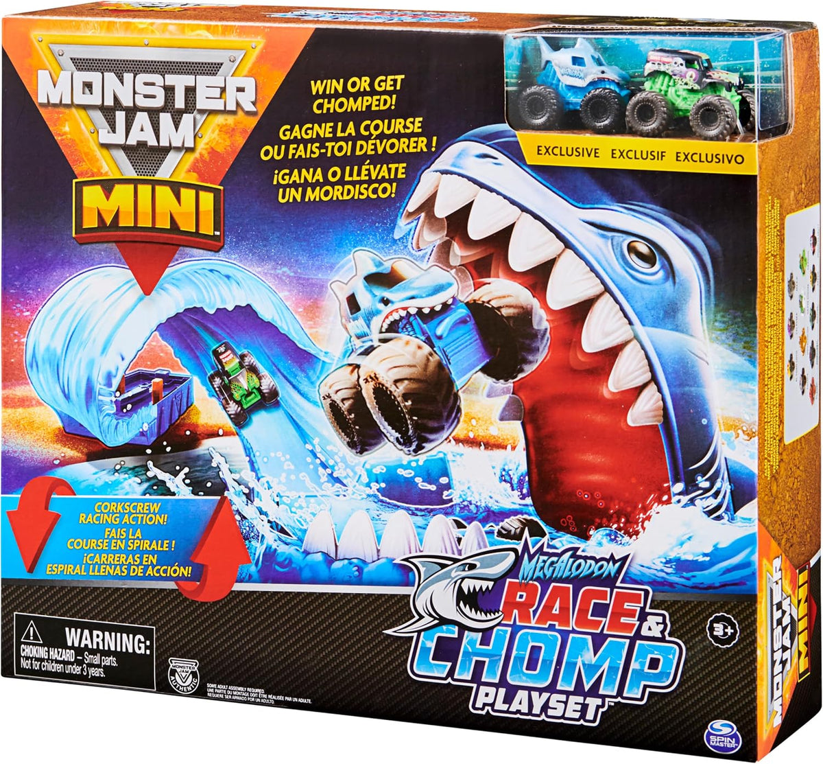 Monster Jam, Mini Megalodon Race and Chomp - Juego con 2 mini camio...