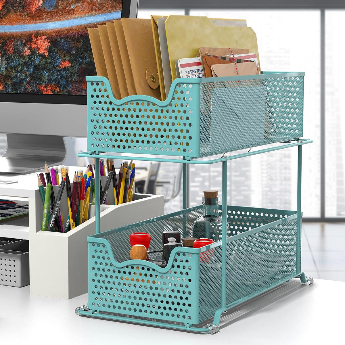 Simple Houseware Cajón organizador de 2 niveles, color turquesa